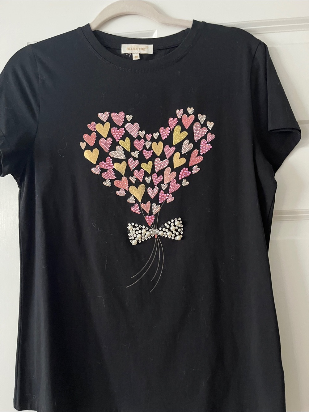 Kids Black Short-Sleeve Heart Balloon Tee with Rhinestone Bow